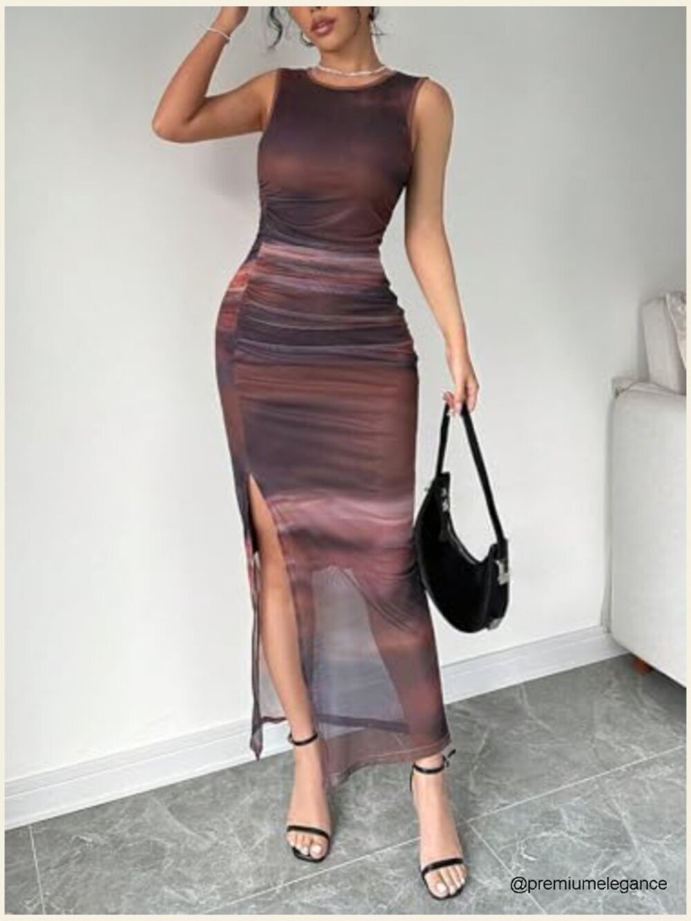 Tie Dye Mesh Bodycon Dress Ruched Split Thigh Club Maxi - Picture 5 of 5